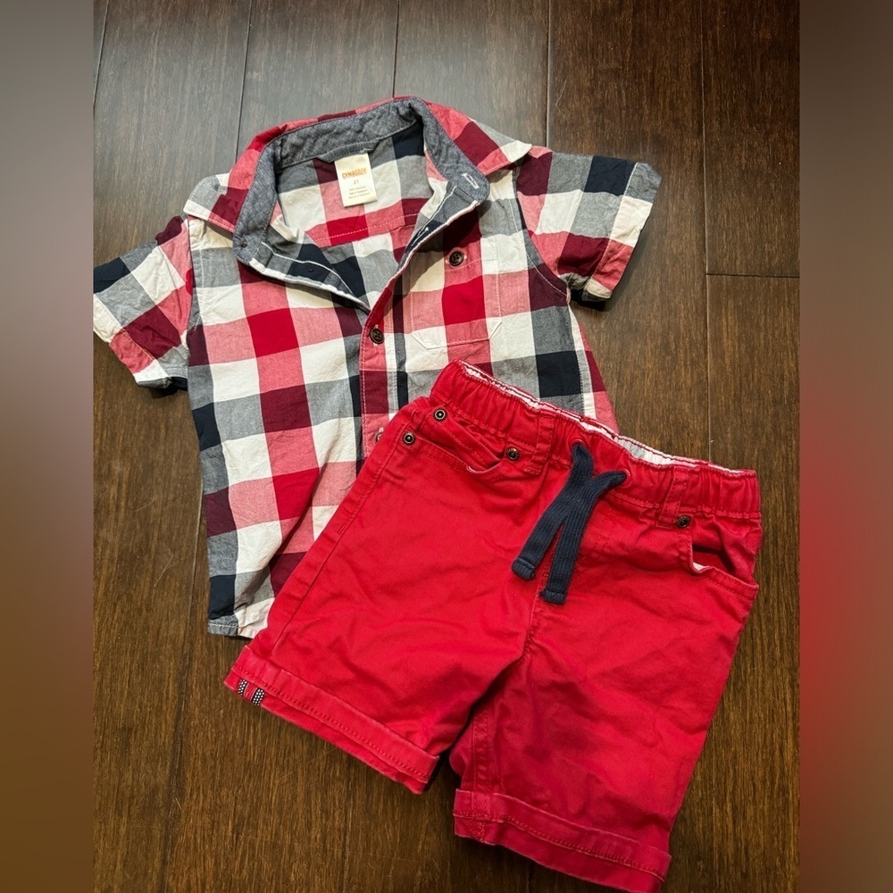Gymboree American Cutie Gingham Button Up Shirt and Cuff Pull on Shorts